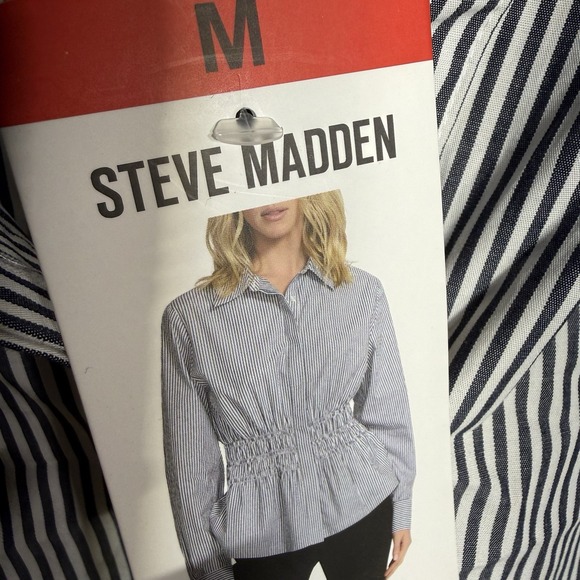 NWT Steve Madden Women's Polished M White/blue Pinstripe Button-Up Peplum Shirt - Picture 6 of 16